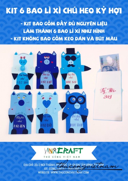 Kit 6 bao lì xì chú heo kỷ hợi màu xanh